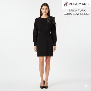 Trina Turk Black Dress Womens M Sweater Bow Detail Long Sleeve Knee Length